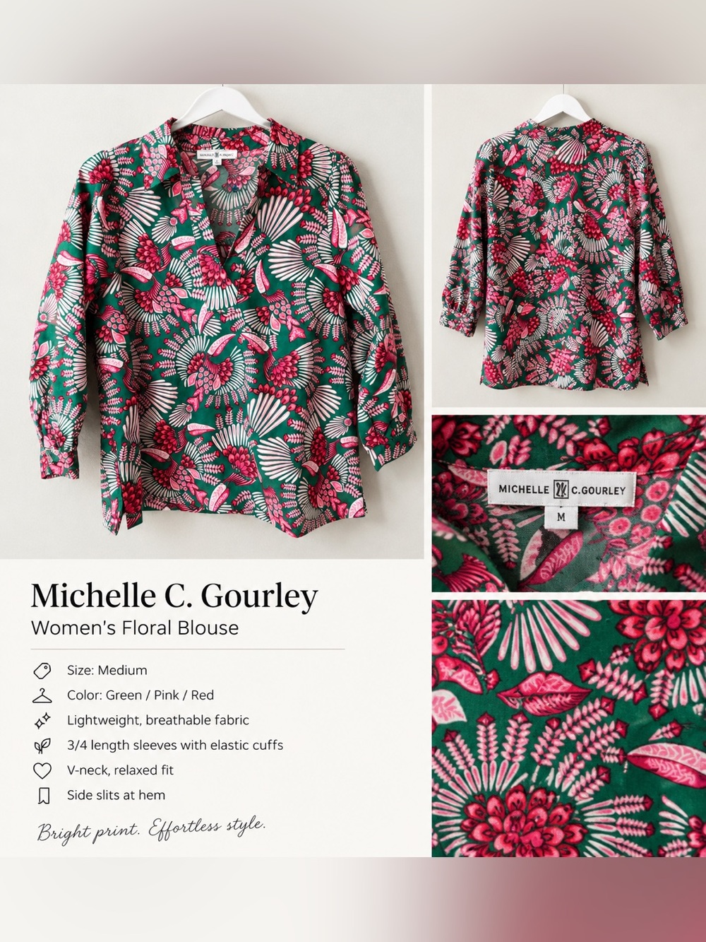 Michelle McDowell Green Floral V-Neck Blouse small